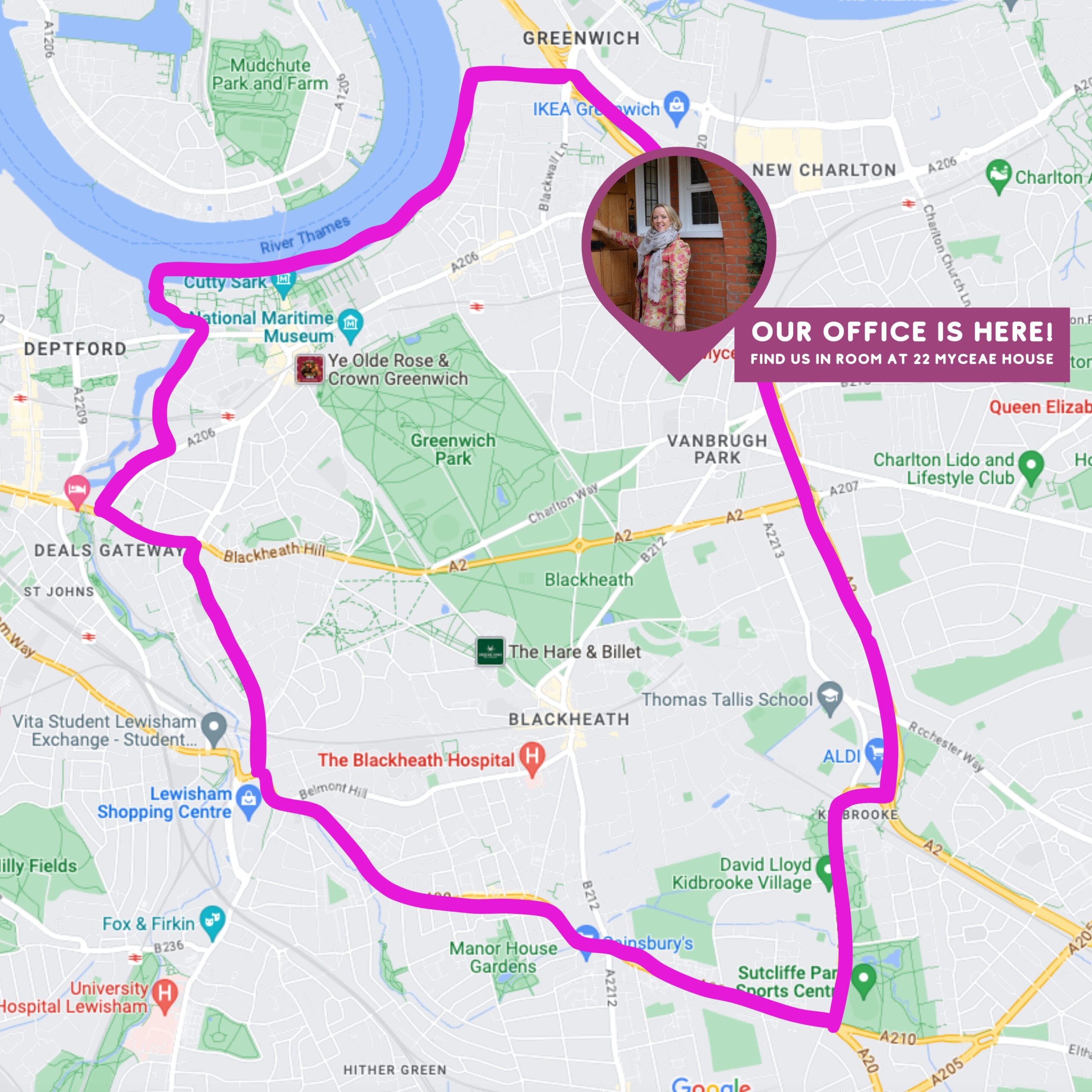 This is a graphic of the Becky Dell Music Academy catchmet area, covering both Greenwich and Blackheath. A pink line outlies the catchment area with a large purple pin marking the BDMA office at Mycenae House.